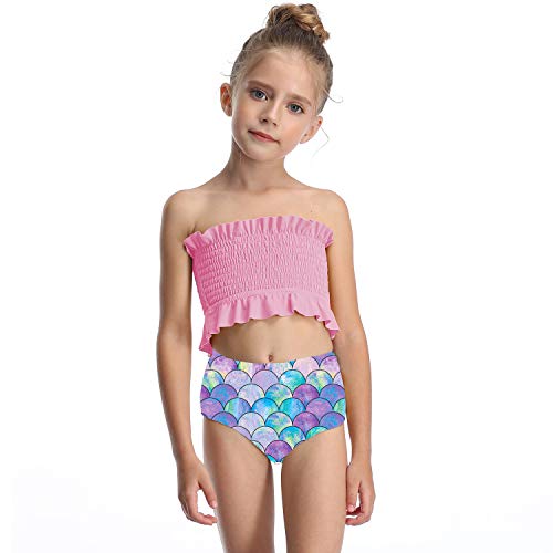 Faynore Girls' Flounce High Waisted Bikini Set Floral Print 2 Piece Swimsuits Falbala Bandeau Bikini Top Beach Bathing Suits