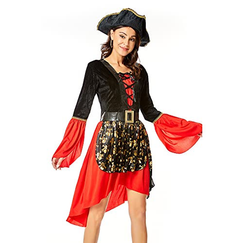 Faynore Pirate Costume for Women Halloween Pirate Role Play Costume Dress-Up Set with Hat Buccaneer Cosplay Fancy Dress