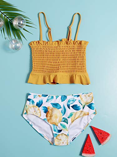 Faynore Girls' Flounce High Waisted Bikini Set Floral Print 2 Piece Swimsuits Falbala Bandeau Bikini Top Beach Bathing Suits